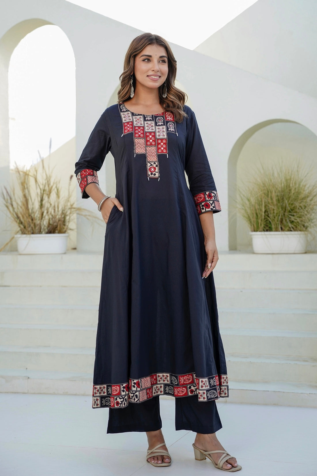 Black Yoke Detail Anarkali Suit Set with Palazzos and Kota Doriya Dupatta