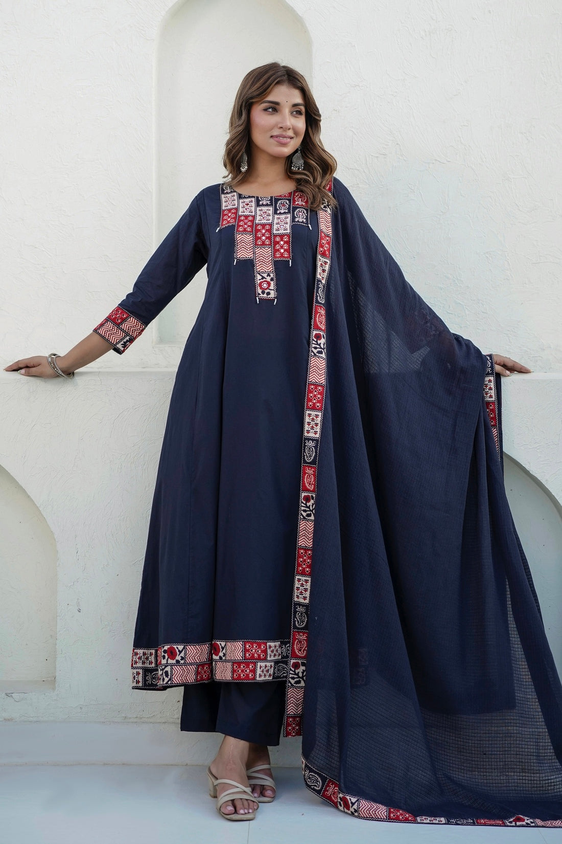 Black Yoke Detail Anarkali Suit Set with Palazzos and Kota Doriya Dupatta