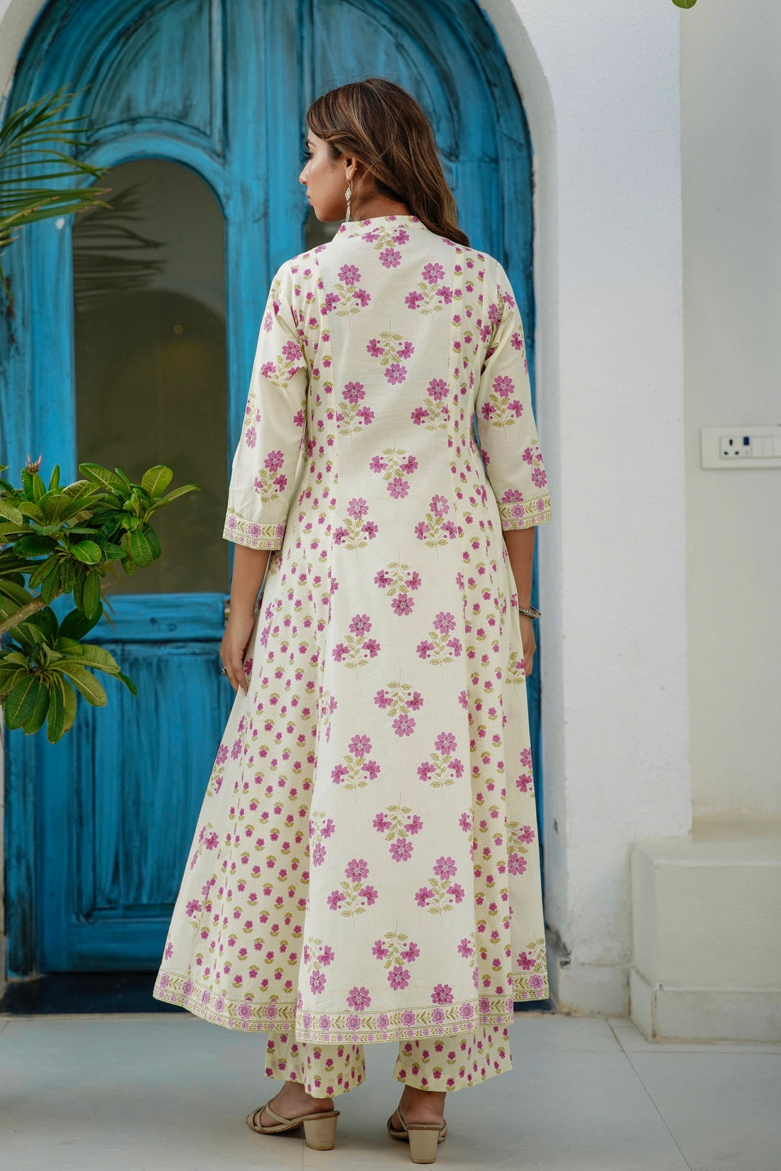 Cream and Pink Floral Print Anarkali Suit Set with Palazzos and Dupatta