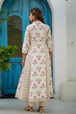 Cream and Pink Floral Print Anarkali Suit Set with Palazzos and Dupatta