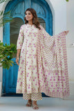 Cream and Pink Floral Print Anarkali Suit Set with Palazzos and Dupatta
