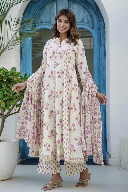 Cream and Pink Floral Print Anarkali Suit Set with Palazzos and Dupatta