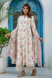 Cream and Pink Floral Print Anarkali Suit Set with Palazzos and Dupatta