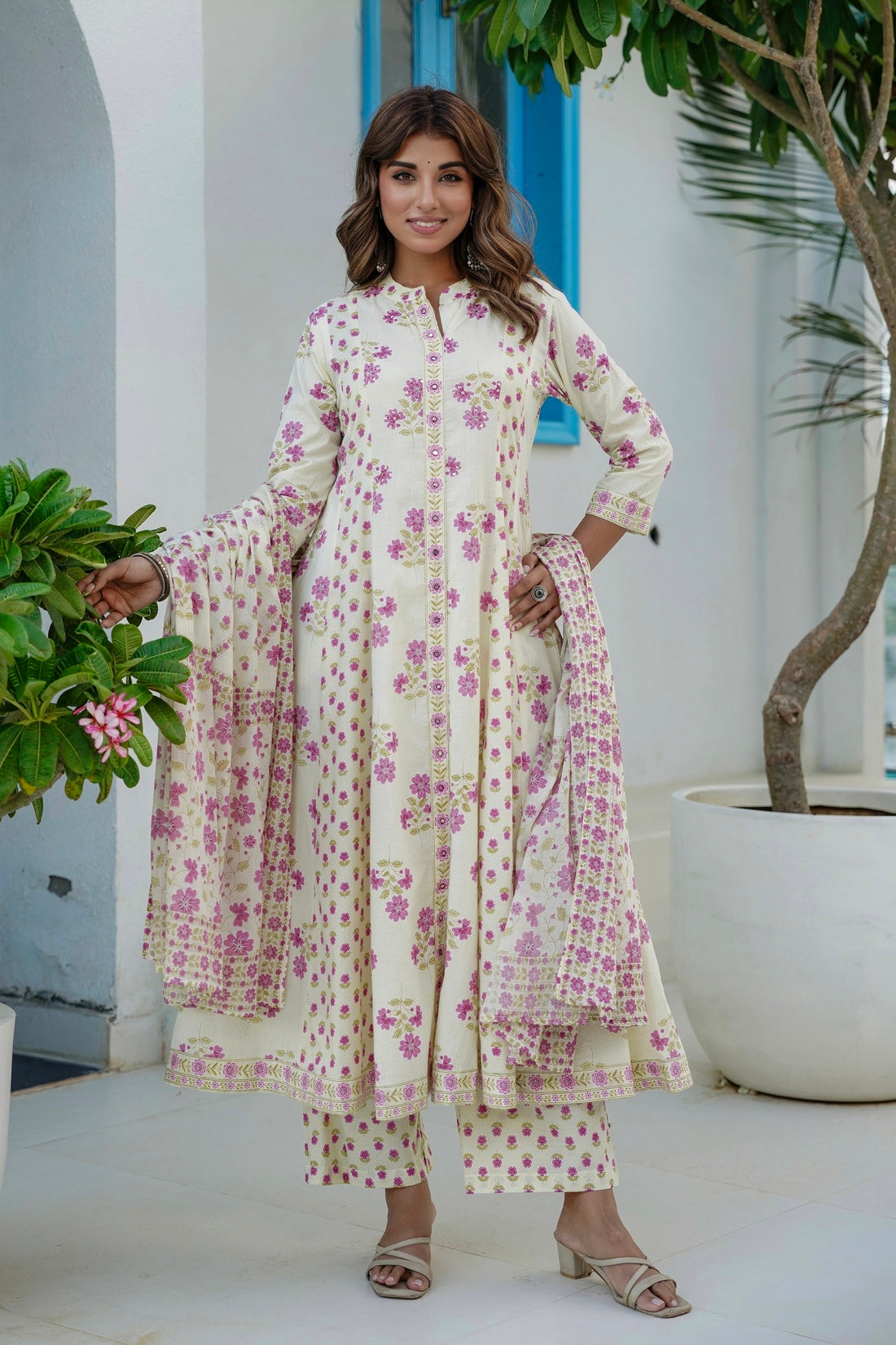 Cream and Pink Floral Print Anarkali Suit Set with Palazzos and Dupatta