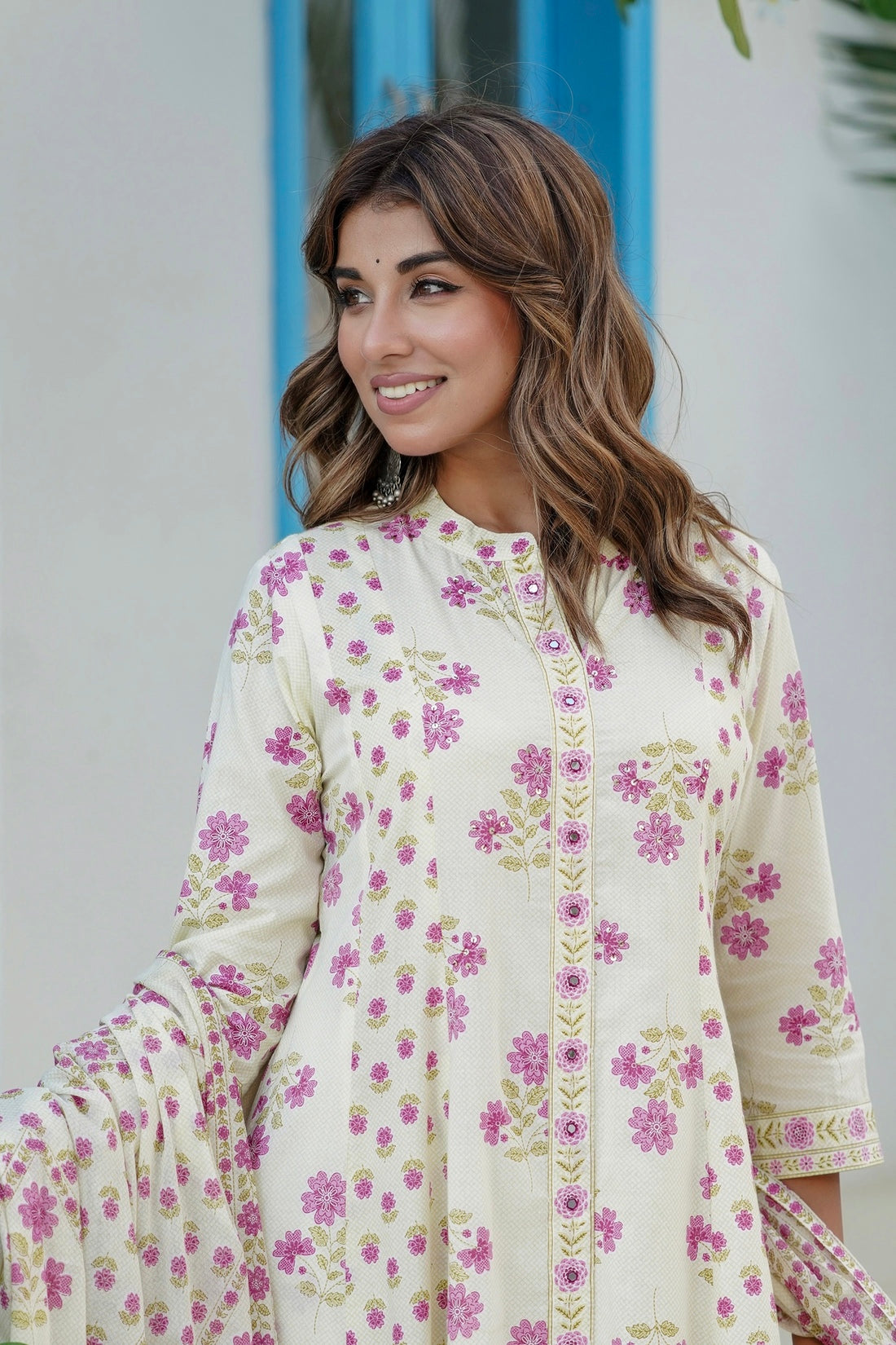 Cream and Pink Floral Print Anarkali Suit Set with Palazzos and Dupatta
