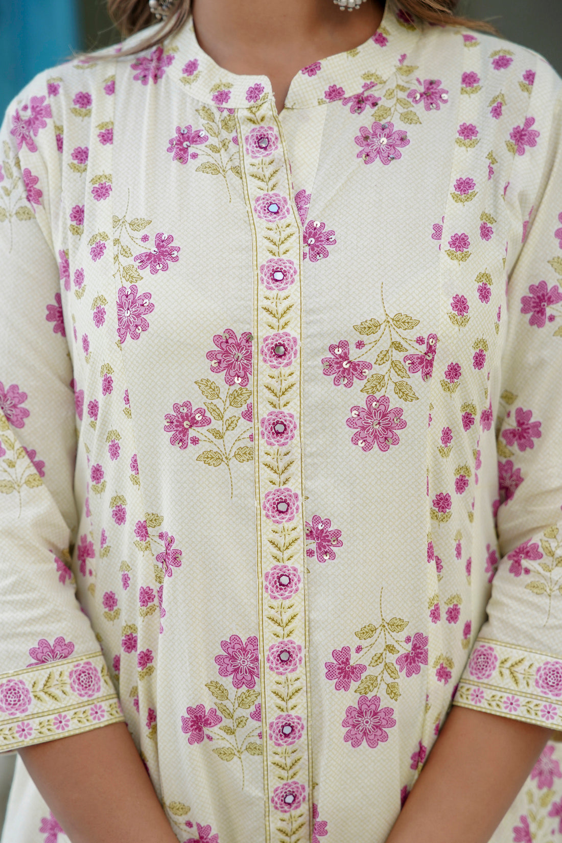 Cream and Pink Floral Print Anarkali Suit Set with Palazzos and Dupatta