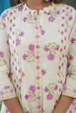 Cream and Pink Floral Print Anarkali Suit Set with Palazzos and Dupatta