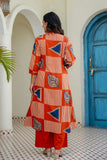 Rust Orange Abstract Print Pintucks Kurta Set with Palazzos