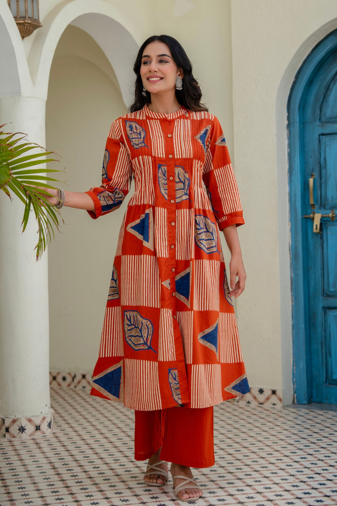 Rust Orange Abstract Print Pintucks Kurta Set with Palazzos