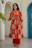 Rust Orange Abstract Print Pintucks Kurta Set with Palazzos