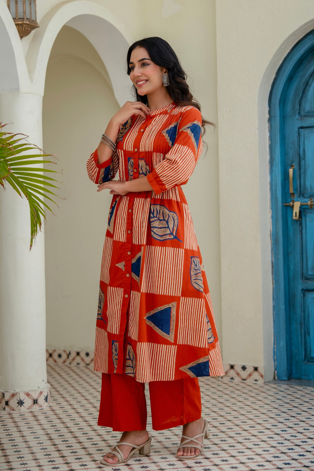 Rust Orange Abstract Print Pintucks Kurta Set with Palazzos