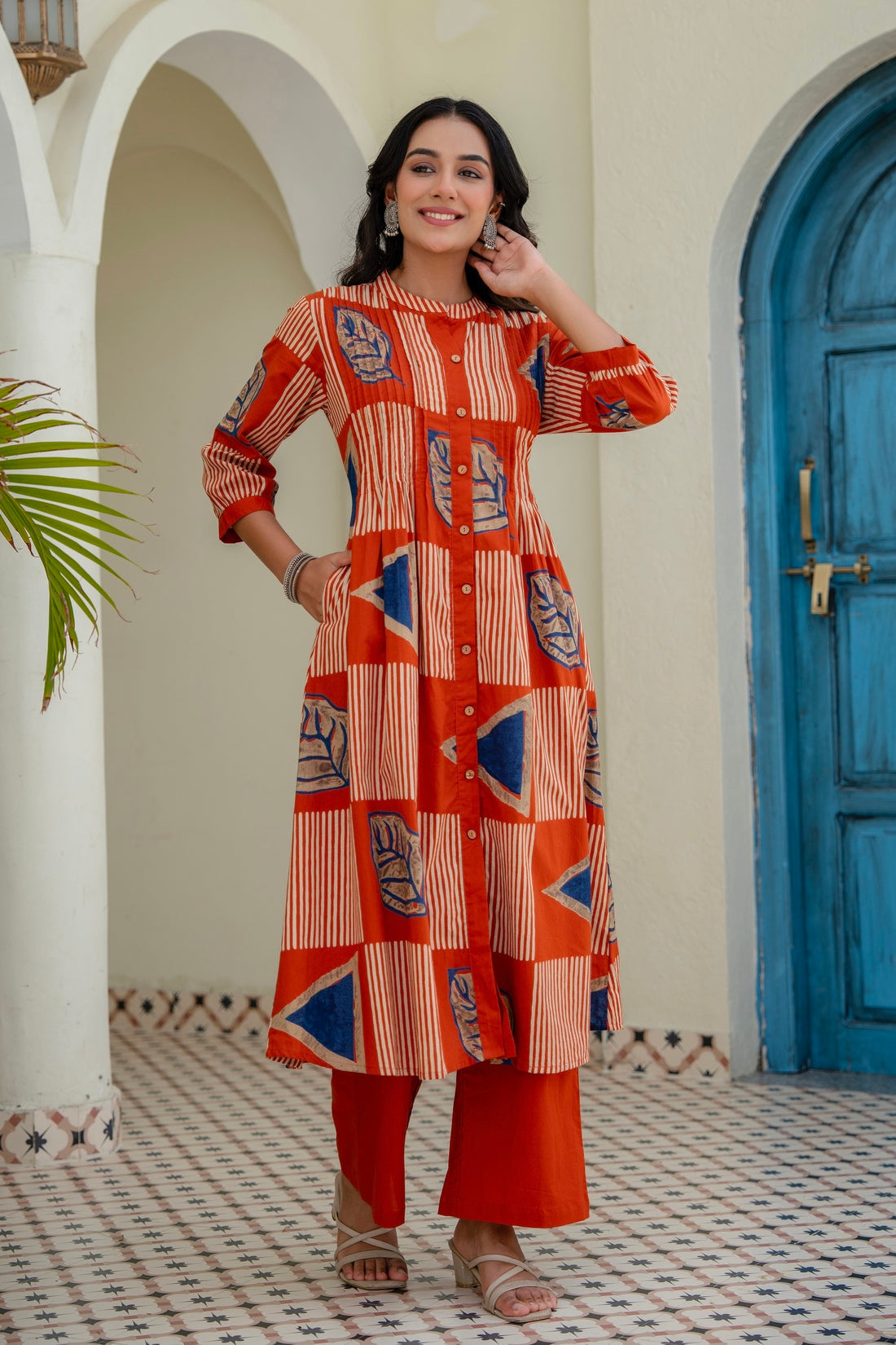 Rust Orange Abstract Print Pintucks Kurta Set with Palazzos