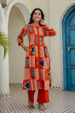 Rust Orange Abstract Print Pintucks Kurta Set with Palazzos