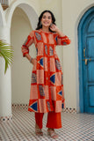 Rust Orange Abstract Print Pintucks Kurta Set with Palazzos