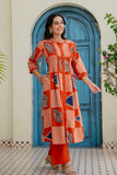 Rust Orange Abstract Print Pintucks Kurta Set with Palazzos