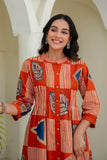 Rust Orange Abstract Print Pintucks Kurta Set with Palazzos