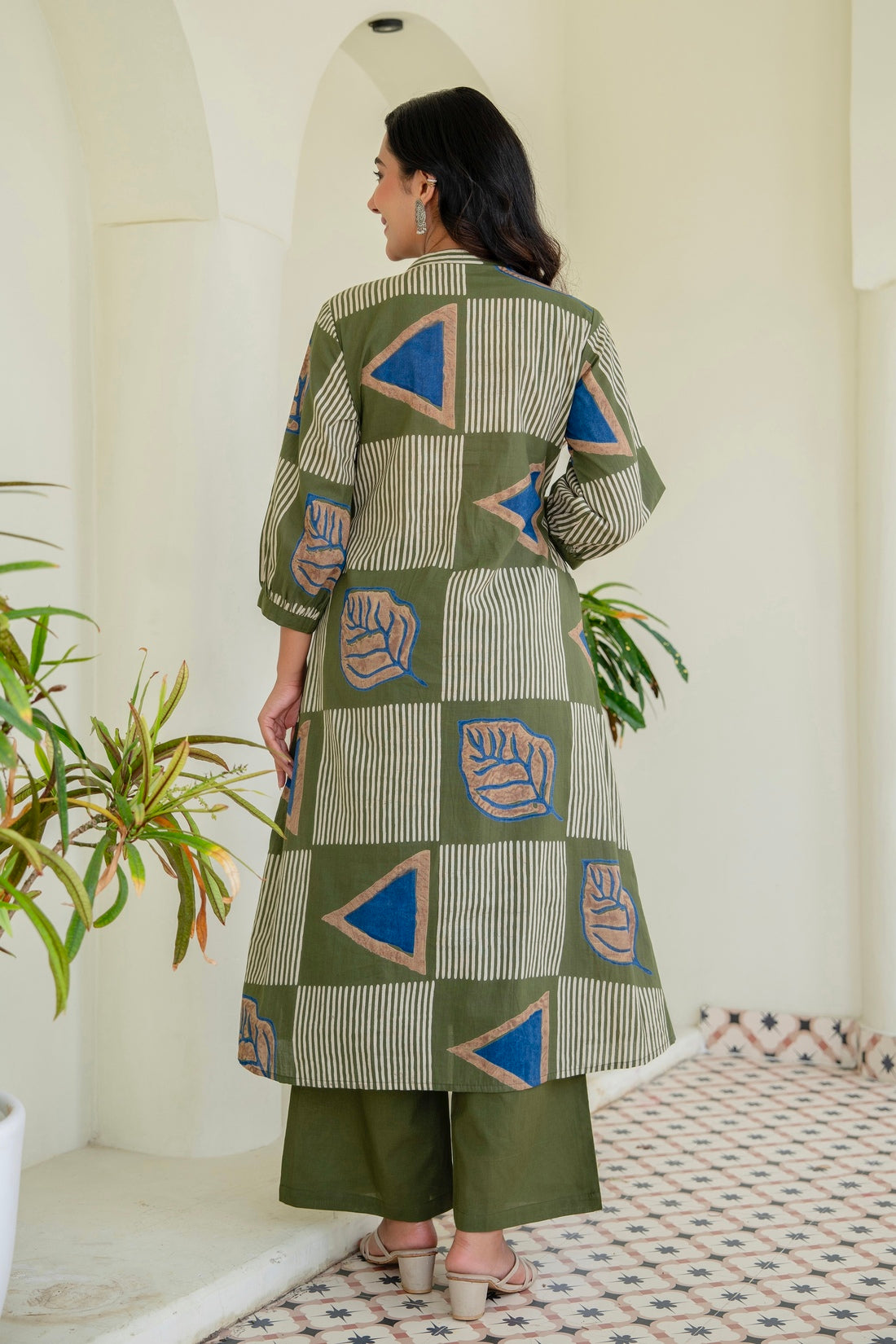 Olive Green Abstract Print Pintucks Kurta Set with Palazzos