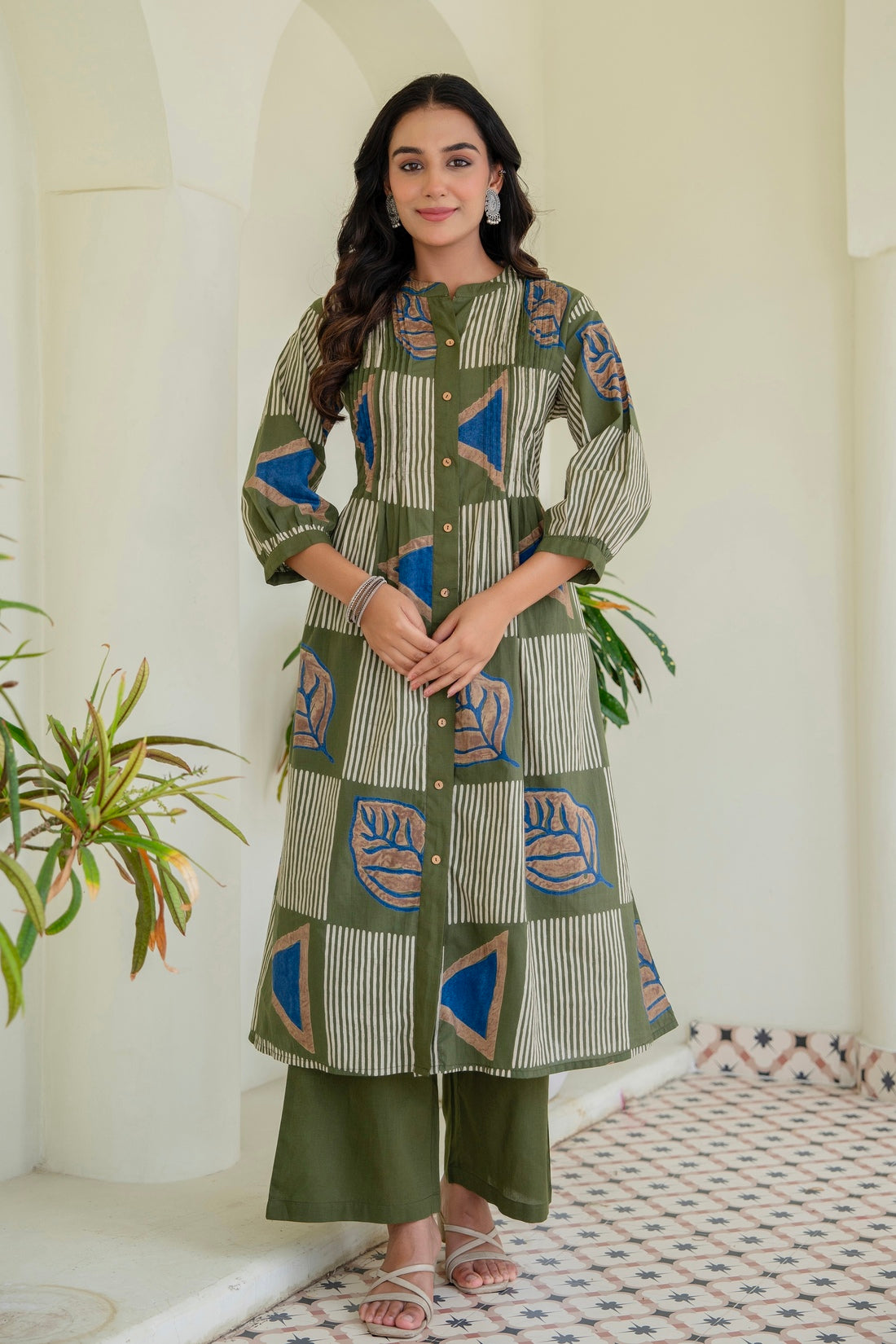 Olive Green Abstract Print Pintucks Kurta Set with Palazzos