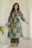 Olive Green Abstract Print Pintucks Kurta Set with Palazzos