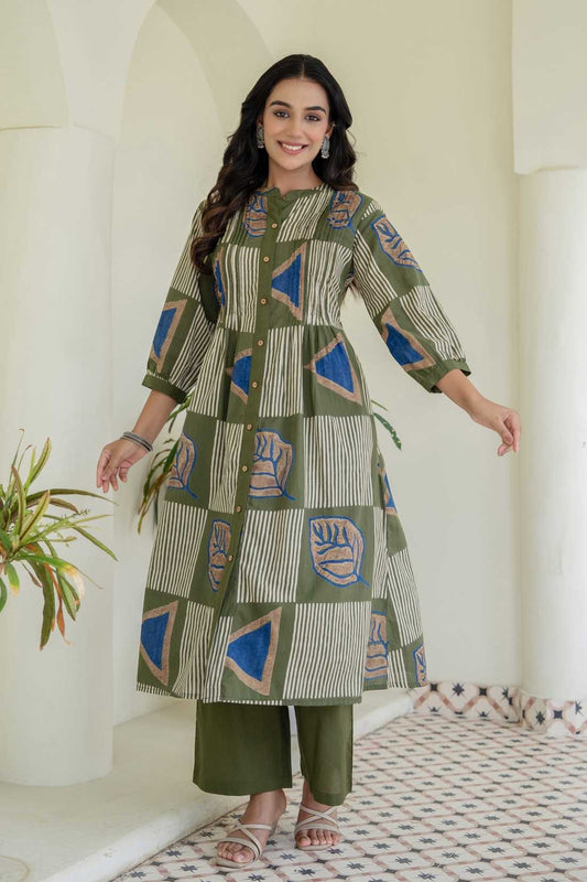 Olive Green Abstract Print Pintucks Kurta Set with Palazzos