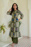Olive Green Abstract Print Pintucks Kurta Set with Palazzos