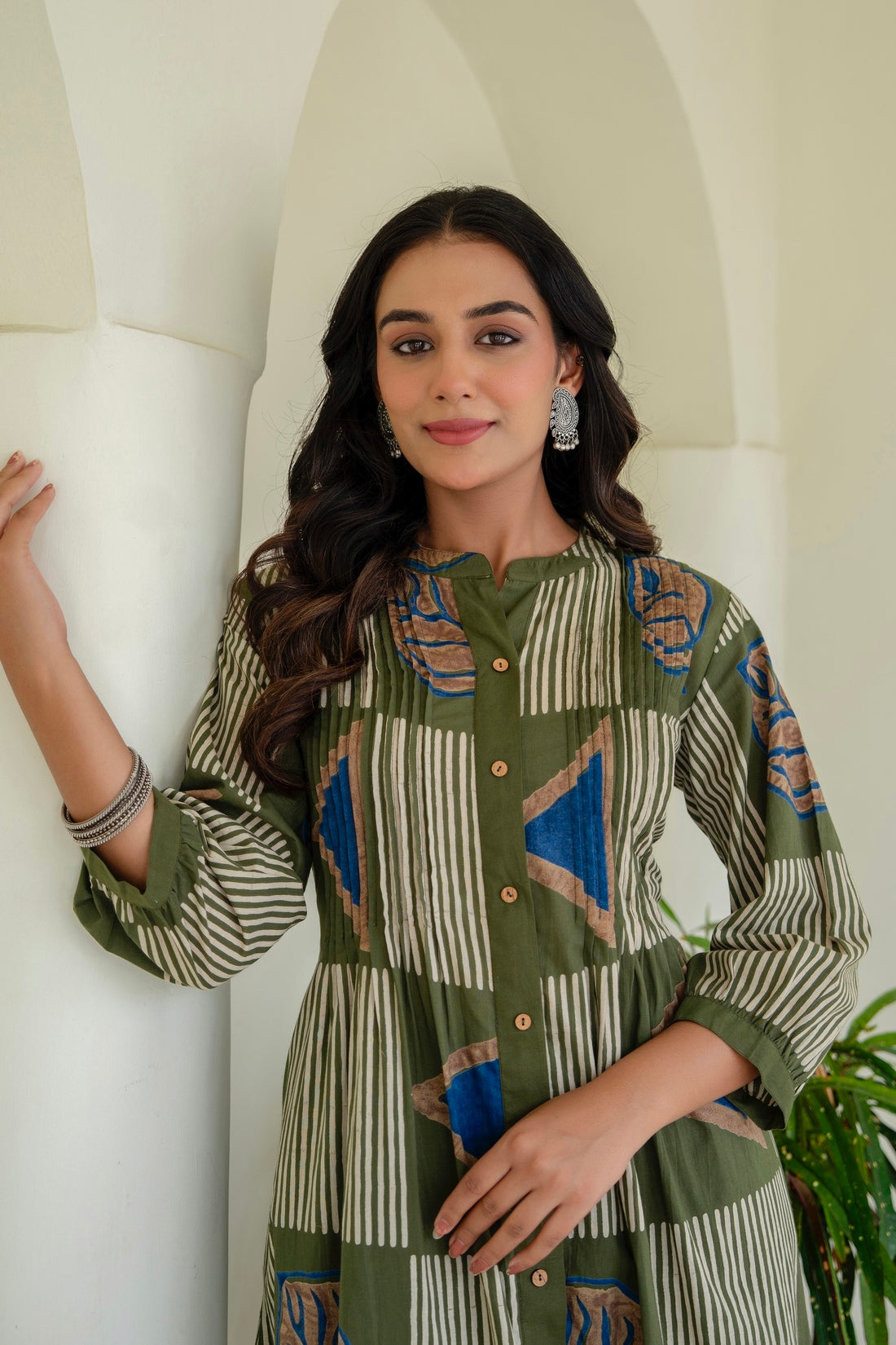 Olive Green Abstract Print Pintucks Kurta Set with Palazzos