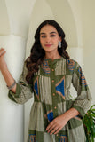 Olive Green Abstract Print Pintucks Kurta Set with Palazzos