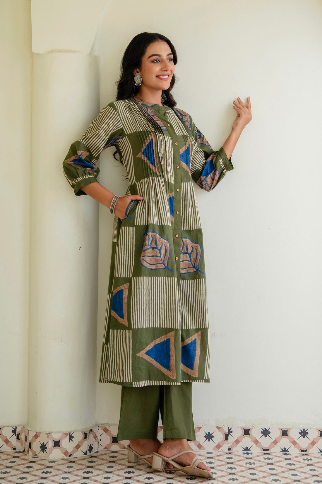 Olive Green Abstract Print Pintucks Kurta Set with Palazzos