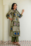 Olive Green Abstract Print Pintucks Kurta Set with Palazzos