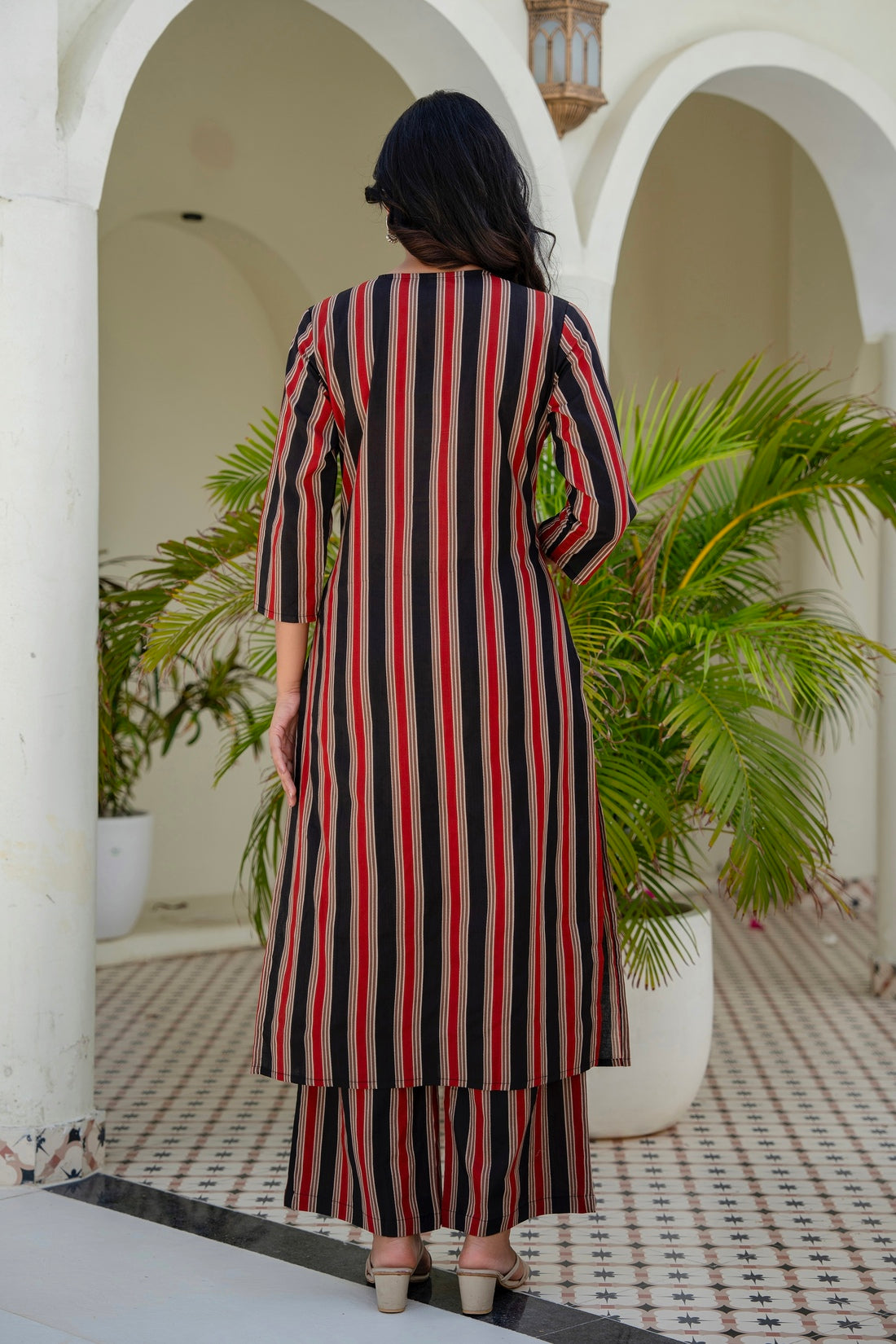 Black and Red Stripes Kurta Set with Palazzos and Dupatta