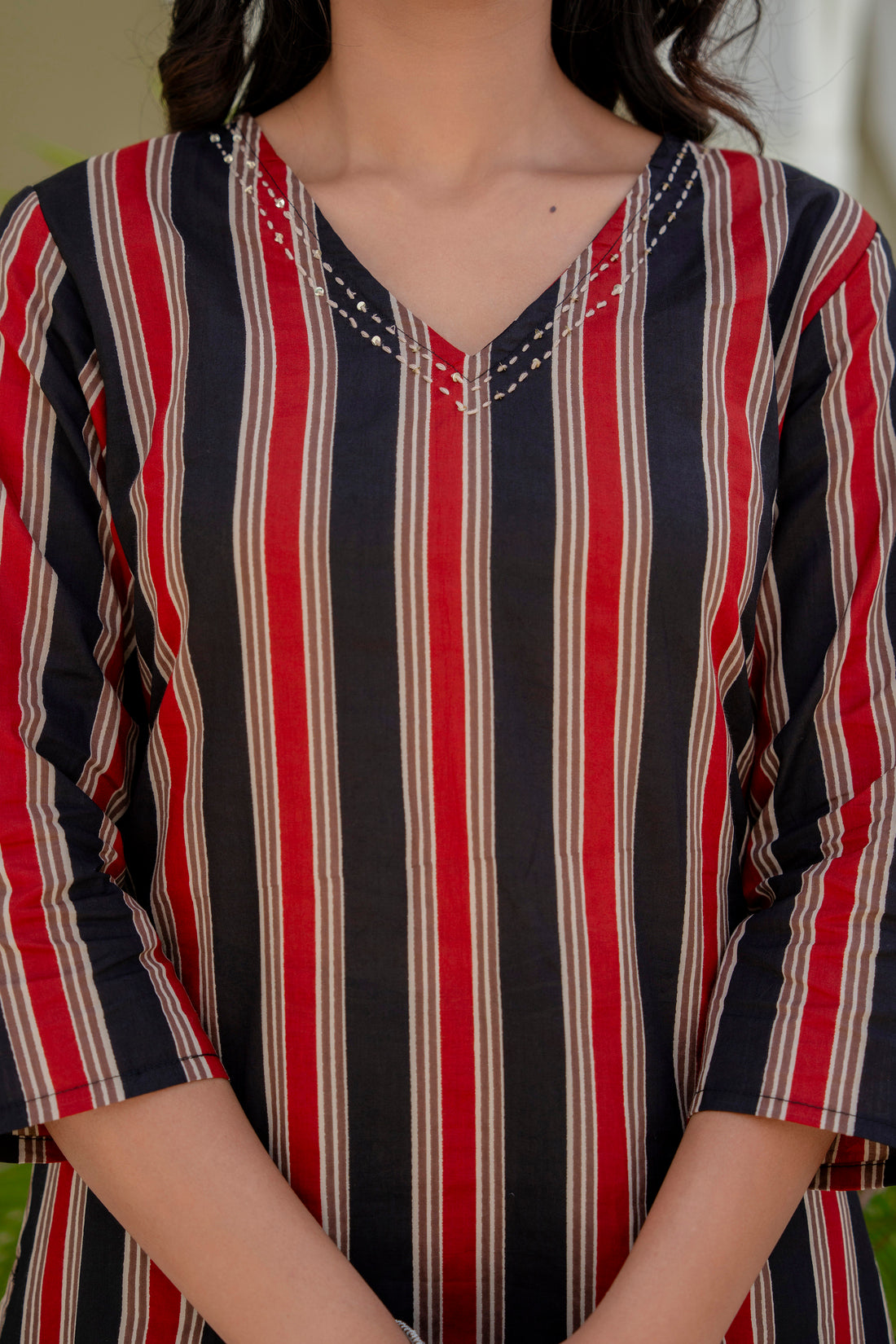 Black and Red Stripes Kurta Set with Palazzos and Dupatta