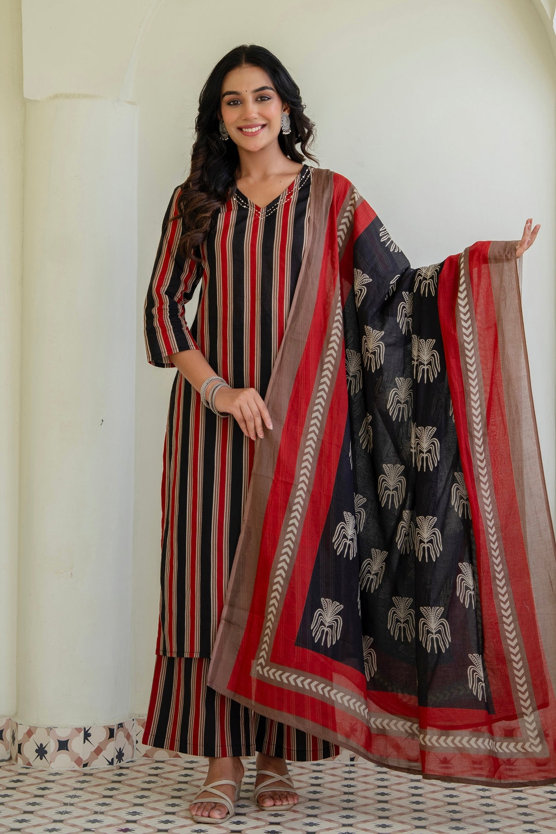Black and Red Stripes Kurta Set with Palazzos and Dupatta