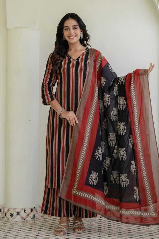 Black and Red Stripes Kurta Set with Palazzos and Dupatta