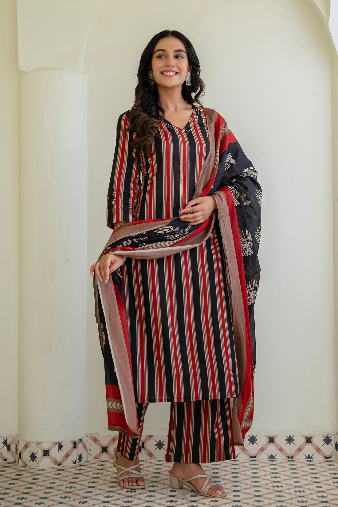 Black and Red Stripes Kurta Set with Palazzos and Dupatta