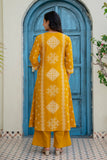 Mustard Ethnic Motif Print Cotton A-line Suit Set with Palazzos and Dupatta