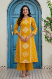 Mustard Ethnic Motif Print Cotton A-line Suit Set with Palazzos and Dupatta