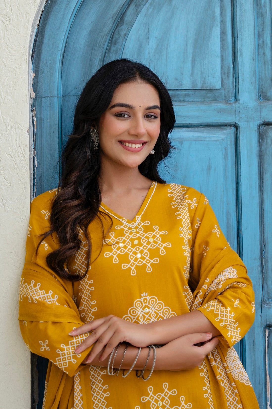 Mustard Ethnic Motif Print Cotton A-line Suit Set with Palazzos and Dupatta