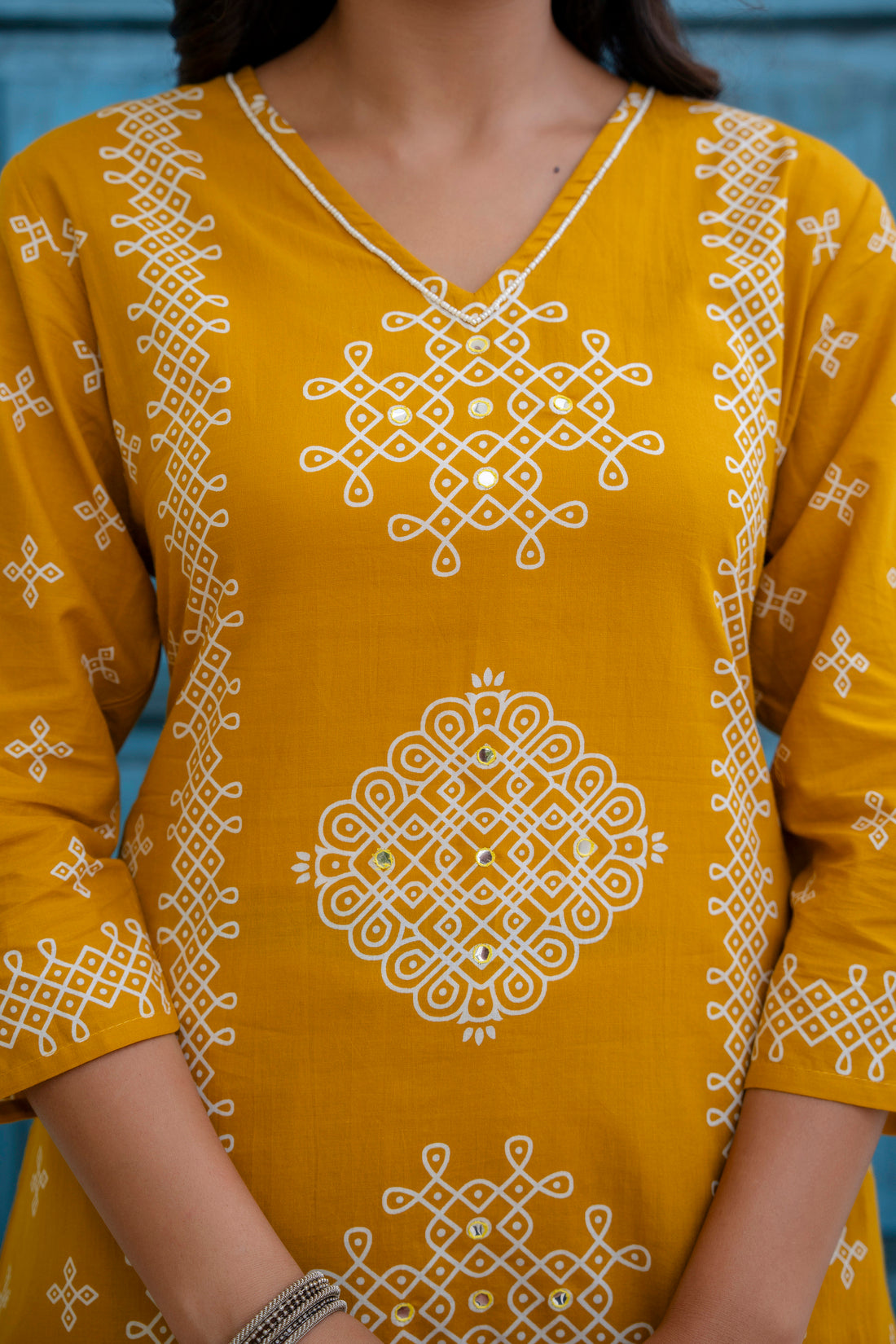 Mustard Ethnic Motif Print Cotton A-line Suit Set with Palazzos and Dupatta