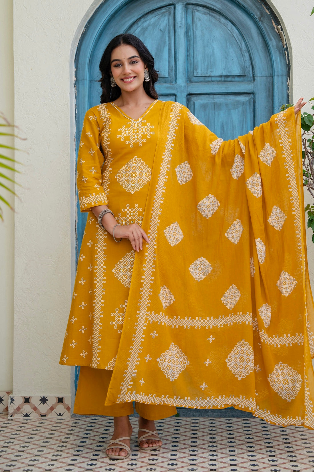 Mustard Ethnic Motif Print Cotton A-line Suit Set with Palazzos and Dupatta