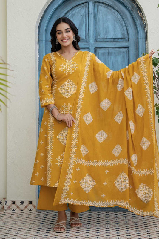 Mustard Ethnic Motif Print Cotton A-line Suit Set with Palazzos and Dupatta