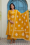 Mustard Ethnic Motif Print Cotton A-line Suit Set with Palazzos and Dupatta