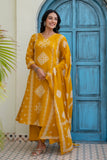 Mustard Ethnic Motif Print Cotton A-line Suit Set with Palazzos and Dupatta