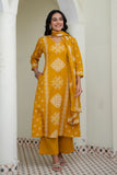 Mustard Ethnic Motif Print Cotton A-line Suit Set with Palazzos and Dupatta