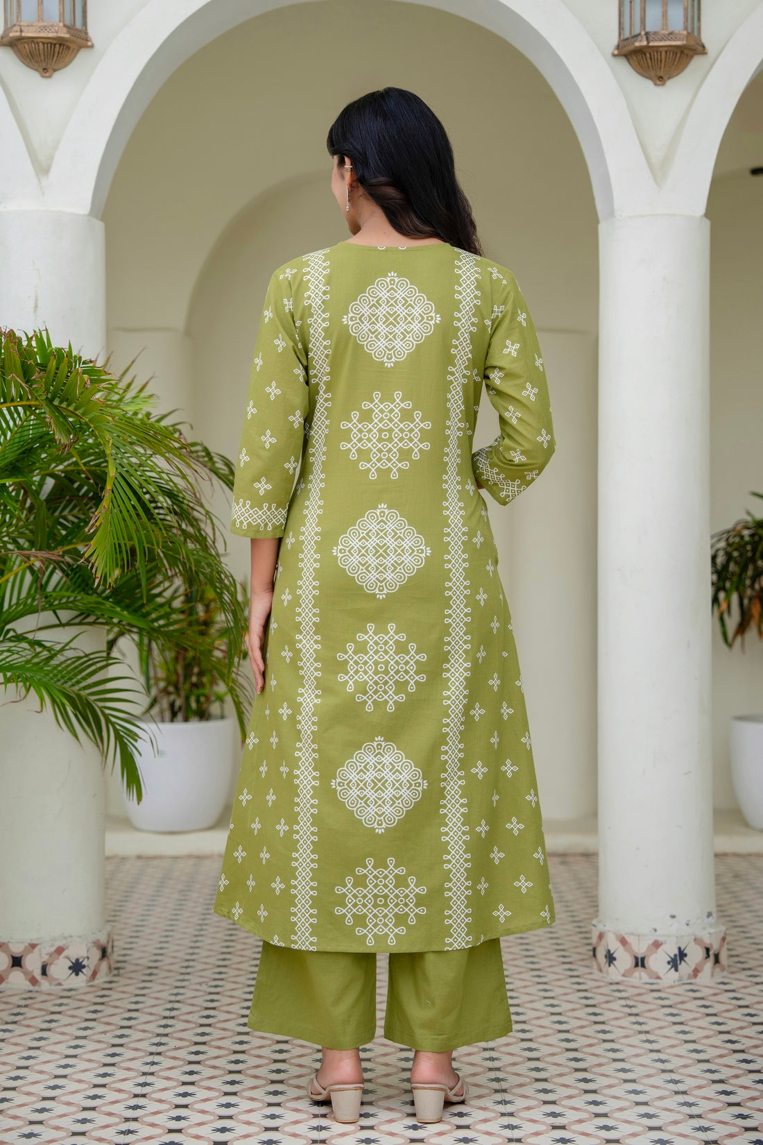 Green Ethnic Motif Print Cotton A-line Suit Set with Palazzos and Dupatta
