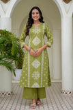 Green Ethnic Motif Print Cotton A-line Suit Set with Palazzos and Dupatta
