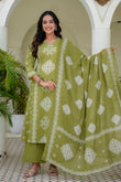 Green Ethnic Motif Print Cotton A-line Suit Set with Palazzos and Dupatta