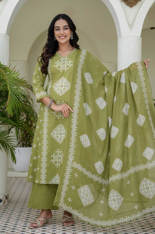 Green Ethnic Motif Print Cotton A-line Suit Set with Palazzos and Dupatta