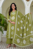 Green Ethnic Motif Print Cotton A-line Suit Set with Palazzos and Dupatta