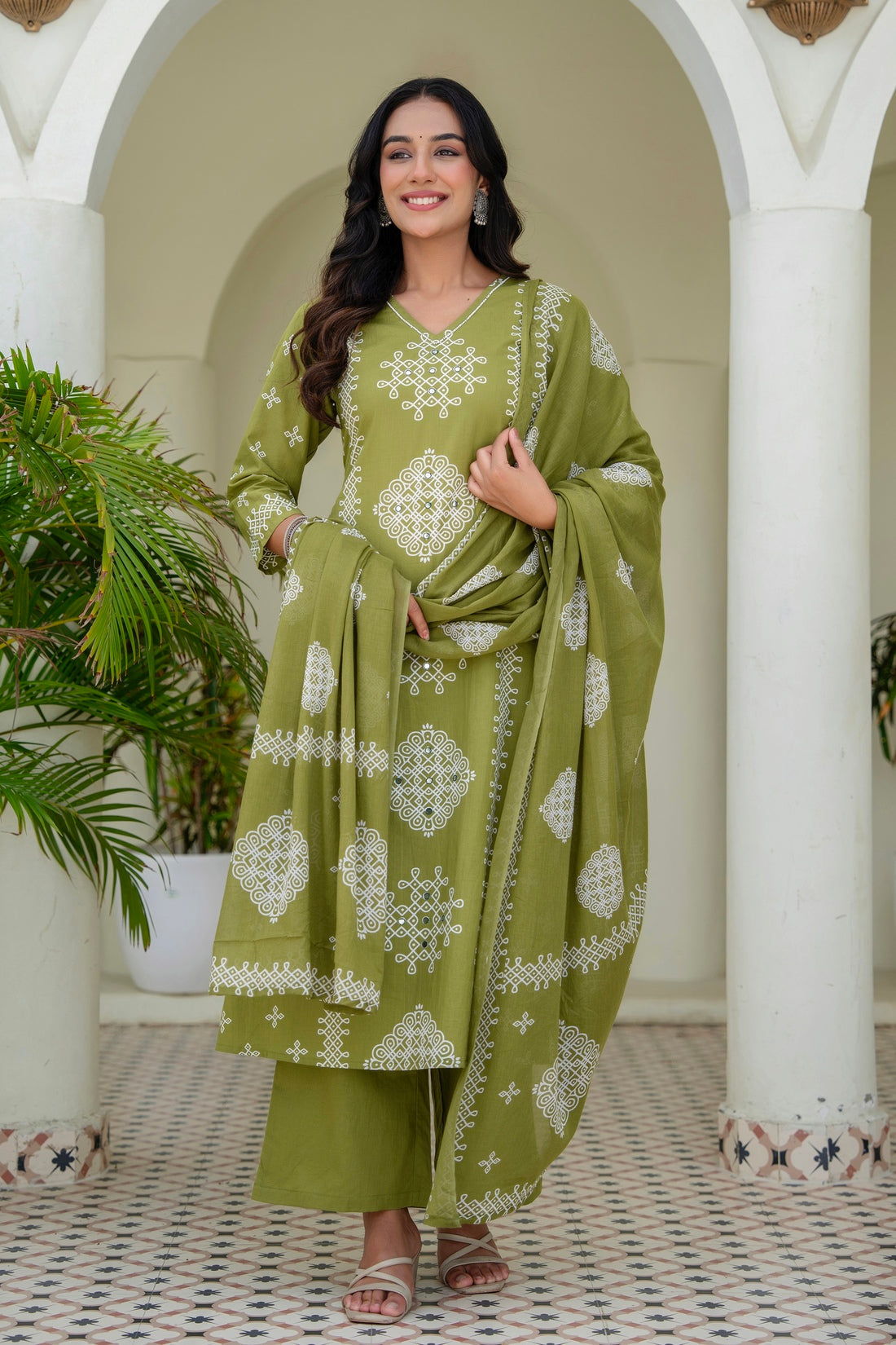 Green Ethnic Motif Print Cotton A-line Suit Set with Palazzos and Dupatta