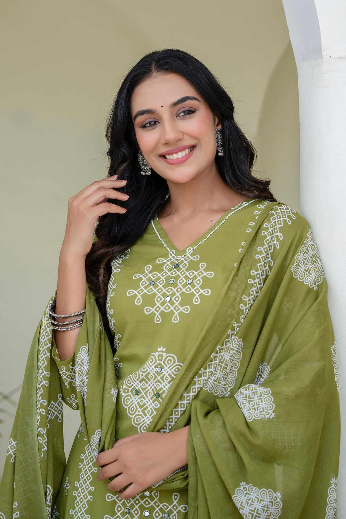 Green Ethnic Motif Print Cotton A-line Suit Set with Palazzos and Dupatta